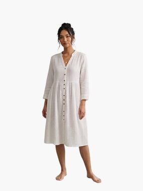 Yipin Yichu White Gauze Button-Front Dress Long Sleeve Relaxed Boho Minimalist M